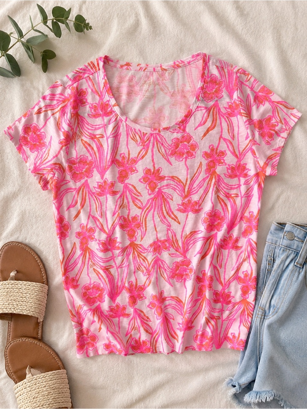 🌸NWOT Lilly Pulitzer Etta Scoop Neck Tee Lovely Stems Floral Pink Orange Top M🌸